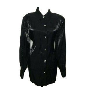 Ran Designes Black Long Sleeve Faux Rhinestone Button Blouse